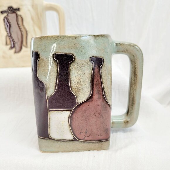 Handcrafted Stoneware Mugs Set Design By Mara Mexico With Chiles / Bottles - Picture 3 of 10